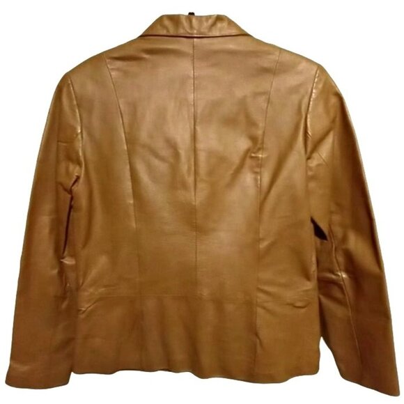 Preppy Chic Tan Brown Leather Blazer Size 6P Minimalist Timeless Vintage 90s - Picture 2 of 5